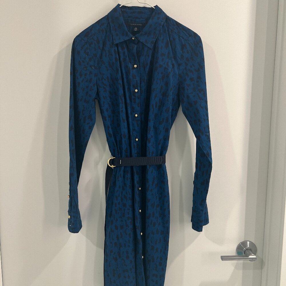 Tommy Hilfiger Blue Leopard Print Belted Shirt Dress - Gold Buttons